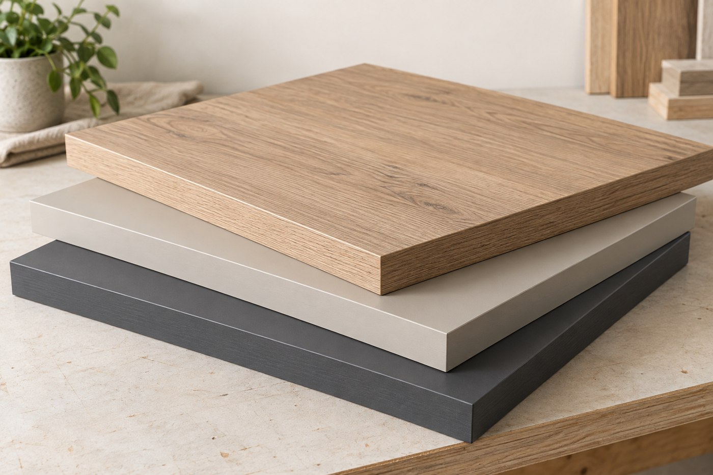 Illustration of oak, cashmere and charcoal edge-banded furniture panels