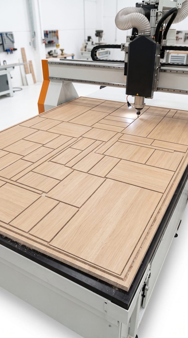 Pieces nested and cut out of a sheet on the CNC