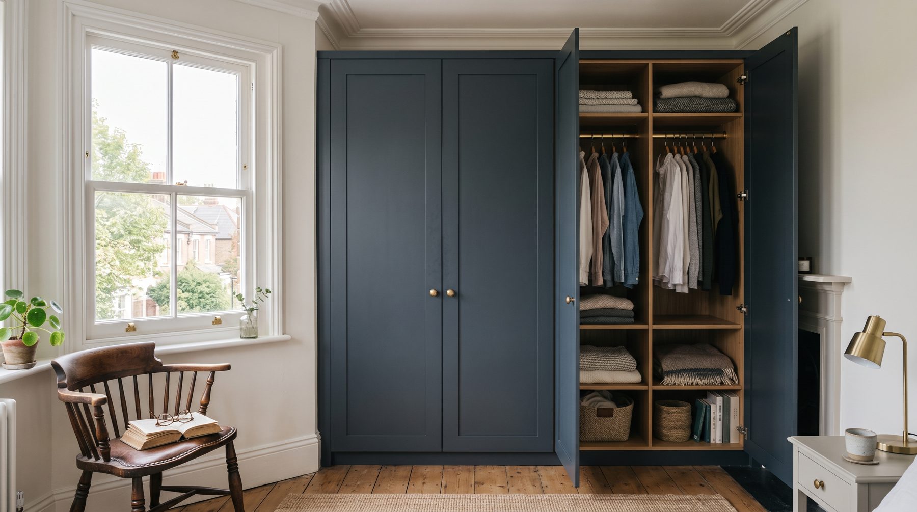 Sprayed fitted wardrobe in a dark blue